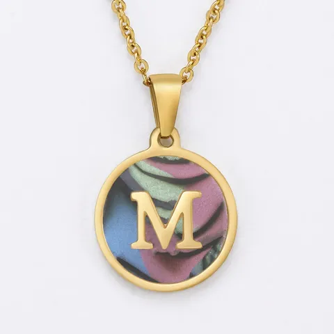 Collar Inicial Oro 18K Bañado Acero Inoxidable 304 Nácar Iridiscente Colgante Disco Redondo Para Mujeres