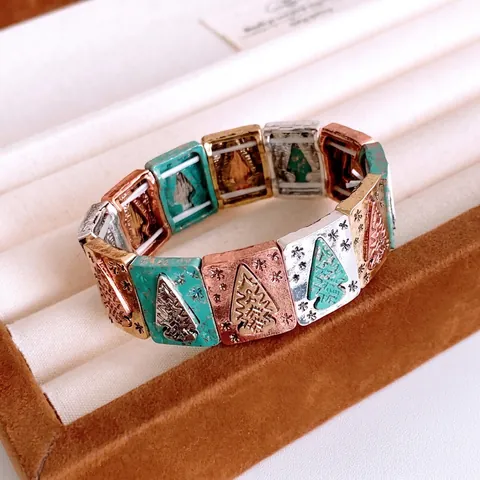 Vintage Legierung Dehnbares Armband Bohemian Rechteckig Türkis Weihnachtsbaum Schneeflocke Geprägt Damen Schmuck