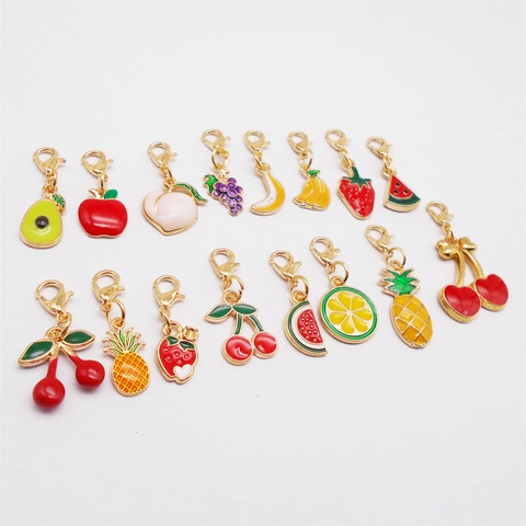 Fruit Enamel Charms For Jewelry Making DIY Strawberry Banana Cherry Apple Pineapple Watermelon Grapes Alloy Pendants With Lobster Clasp For Keychain Decor
