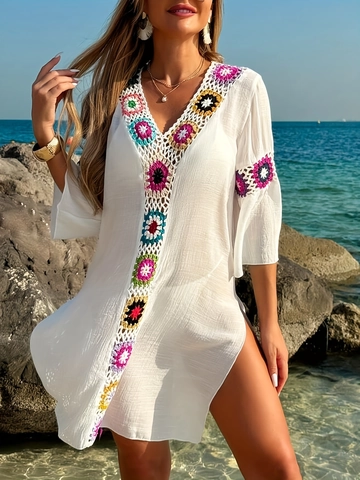 Copricostume Da Mare Bohemien Uncinetto Patchwork Scollo A V Spacco Laterale Ampio Vacanza Kaftan Poliestere