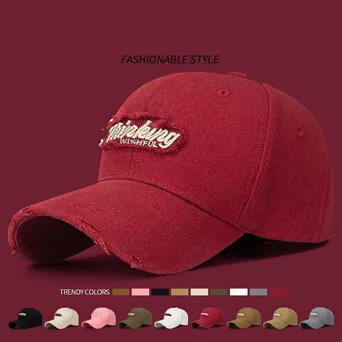 Distressed Baseball Cap Cotton Letter Embroidery Thinking WISHFUL Worn Edge Retro Adjustable Casual Sun Hat