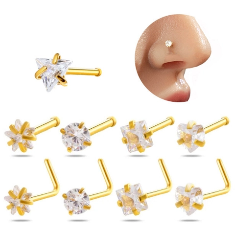 Piercing Naso Acciaio Inox Zircone Cuore Stella Tondo Quadrato Triangolo Gioielli Forma L Barra Dritta Minimalista