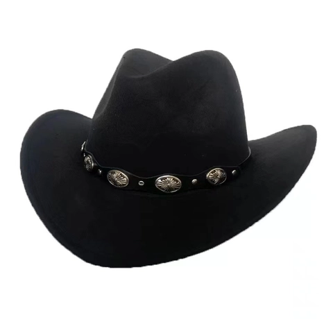 Western Cowboy Hat Polyester Felt Wide Brim Leather Band Bull Head Metal Decor Retro Ethnic Style For Men Women