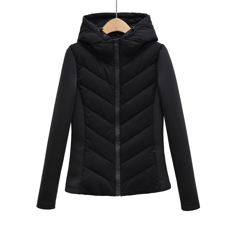 Women Fashion Hooded Padded Jacket Winter Warm Chevron Quilted Splicing Sleeve Slim Fit Outdoor Cotton Padded Coat