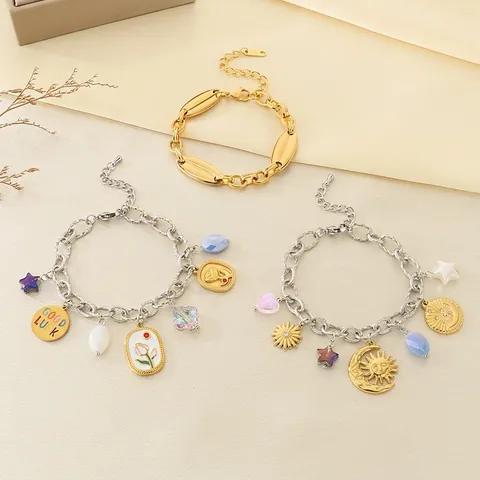 Edelstahl Charm-Armband Mit Sonne Mond Stern Tulpe Emaille-Anhänger Und Kristallperlen Retro Mode Schmuck Für Damen