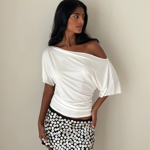 Maglietta Donna Monospalla Top Arricciato Poliestere Asimmetrico Vestibilità Aderente Sexy Maniche Corte Street Style Quotidiano
