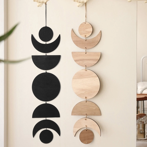 Moon Phase Wall Hanging Decor Wooden Boho Chic Garland For Bedroom Living Room Nordic Home Art Ornament