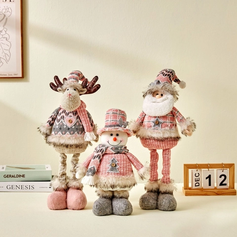 Weihnachtsfigur Weihnachtsmann Schneemann Rentier Teleskopbeine Gestrickter Plüsch Hausdeko Festliches Ornament Rosa Grau
