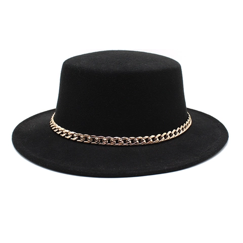Boater Hat Vintage Woolen Felt Flat Top Wide Brim Gold Chain Decor Retro Elegant Fedora For Men Women