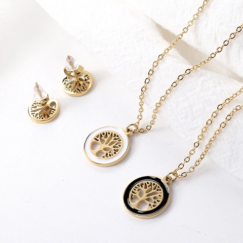Tree Of Life Jewelry Necklace And Stud Earrings Stainless Steel Gold Enamel Circle Pendant Women