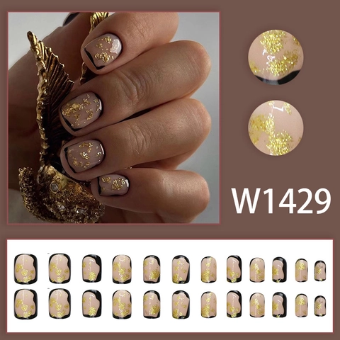 Luxury Press On Nails Short Square Nude Pink With Black French Tips Gold Foil Glitter Elegant Artificial Finger Nails For Women
