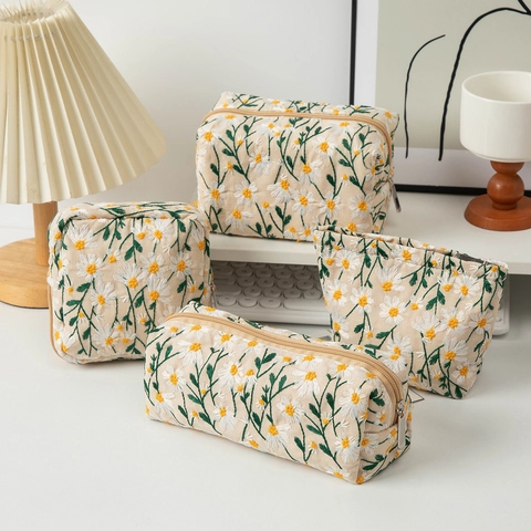 Daisy Embroidery Cosmetic Bag Canvas Floral Travel Toiletry Pouch Organizer Zip For Women