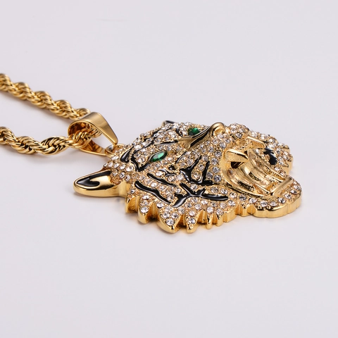 Tiger Head Pendant Necklace Stainless Steel 18K Gold Plated Iced Out Rhinestone Hip Hop Punk Animal Jewelry For Men