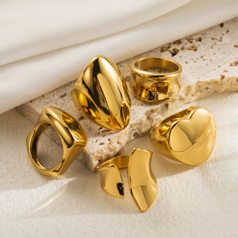 18K Gold Plated Stainless Steel Rings For Women Geometric Heart Oval Square Chunky Polished Jewelry