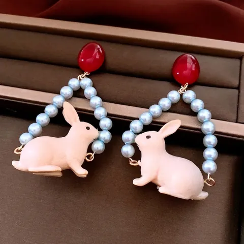 Kaninchen Anhänger Ohrhänger Mit Künstlichen Künstliche Perlen Und Silbernem Ohrstecker Süßer Tier Schmuck Für Damen