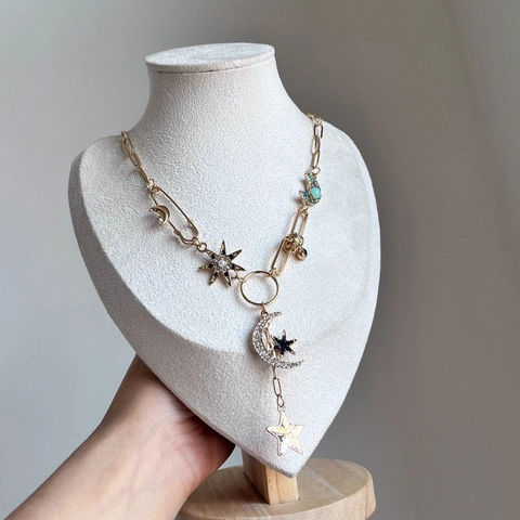 Collana Ciondolo Stella Luna Lega Strass Catena Graffetta Gioielli Stile Celeste Boho Per Donna Tono Oro