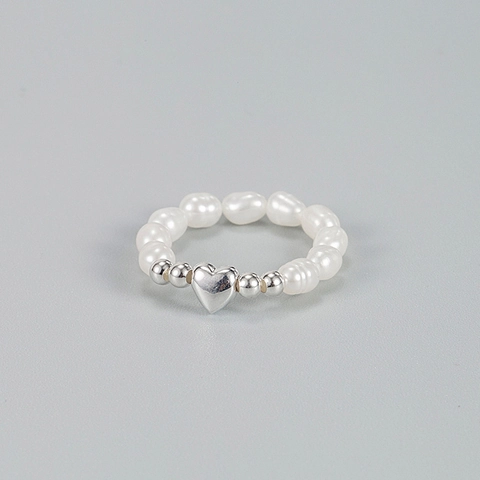 S925 Sterling Silver Heart Artificial Pearl Elastic Ring For Women Korean Style Baroque Beaded Jewelry Adjustable Finger Ring