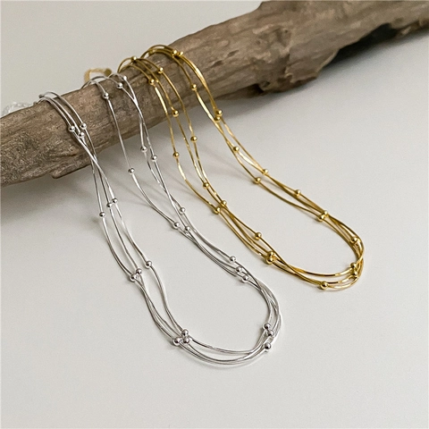 Dreilagige Schlangenkette Halskette 925 Sterling Silber Polierte Perlen Minimalistischer Eleganter Schmuck Für Damen
