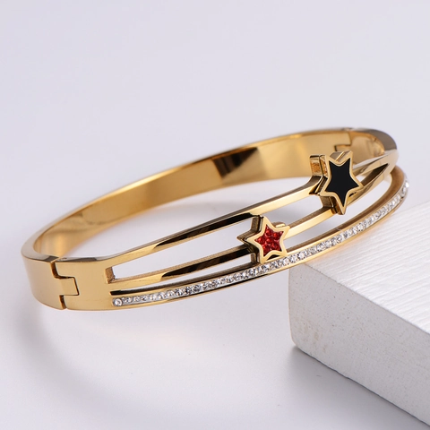316L Stainless Steel Star Charm Bangle Bracelet For Women Double Layer Hollow Cubic Zirconia Enamel Elegant Lucky Jewelry