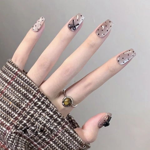 Press On Nails Hecho A Mano Rosa Ojo De Gato Puntos Negros Lazo En Relieve Forma Ataúd Dulce Elegante Para Mujeres