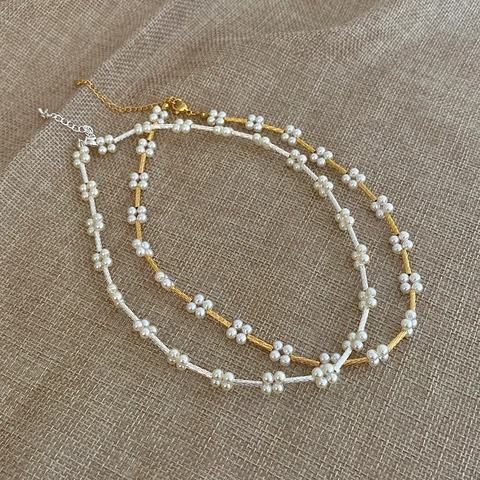 Artificial Pearl Flower Necklace Minimalist Elegant Gold Silver Plated Copper Clavicle Chain Jewelry For Women
