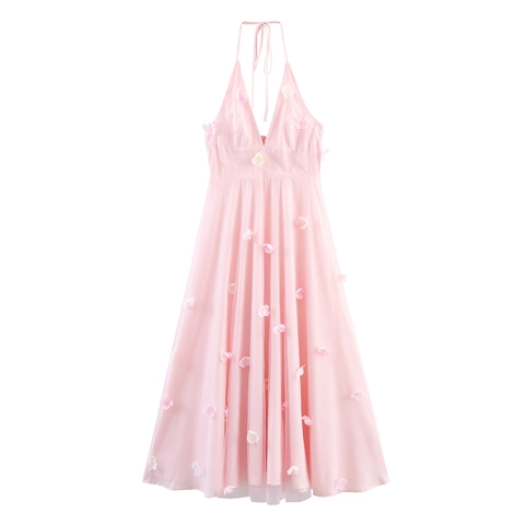 Dames Roze Halster Maxi Jurk 3D Bloemen Kralen Mesh Rugloos Zoet Elegant Zomer Strand Feest Mouwloos Soepele Jurk