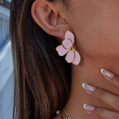 Flower Stud Earrings 18K Gold Plated Stainless Steel Enamel Floral Sweet Romantic Waterproof Hypoallergenic Jewelry For Women