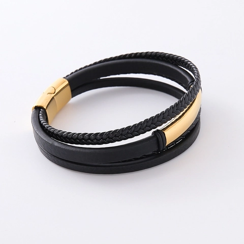Herren Mehrlagiges Geflochtenes Lederarmband Mit Vergoldetem Edelstahl Magnetverschluss Minimalistisches Geometrisches Design