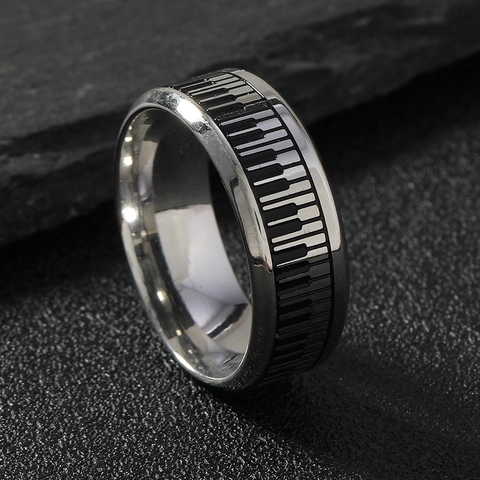 Stainless Steel Ring Piano Keyboard Pattern Black And White Minimalist Creative Jewelry For Men Women Music Lovers