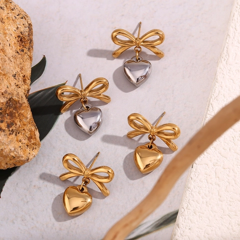 Bowknot Heart Dangle Earrings Stainless Steel 18K Gold Plated INS Chic Elegant Sweet Jewelry For Women