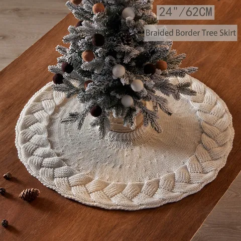 Christmas Tree Skirt Mini Knit Acrylic Braided Cable Pattern Decor For Desktop Table Holiday Ornament