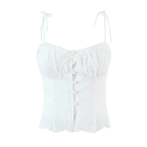 Top A Spalline E Gonna Con Volant Da Donna In Cotone Bianco Ricamo Traforato Moda Estate Spiaggia