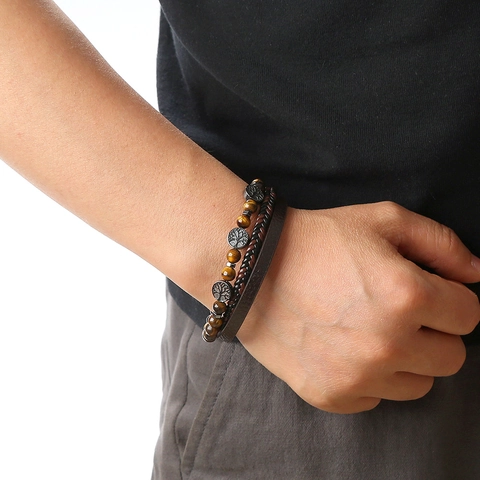 Multilayer Bracelet Leather Natural Stone Tiger Eye Tree Of Life Charm Magnetic Buckle Vintage Jewelry For Men