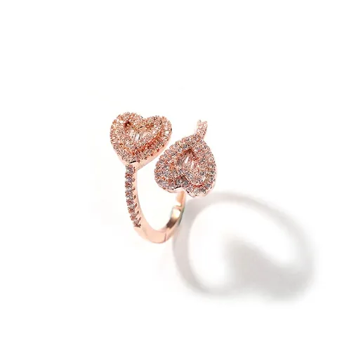 Hip Hop Iced Out Doppelherz Offener Ring Kupfer Strass Bypass Verstellbarer Modering Für Herren Damen Schmuck Geschenk