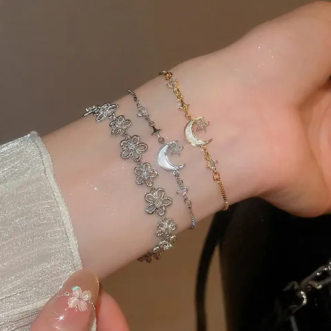 Adjustable Bracelet Copper 18K Gold Plated Zircon Mother Of Artificial Pearl Star Moon Hollow Flower Elegant Jewelry Women