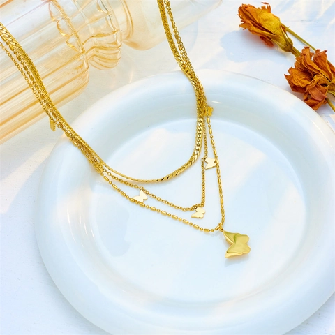 Multi Layer Butterfly Pendant Necklace Stainless Steel 18K Gold Plated Minimalist Snake Chain Jewelry For Women