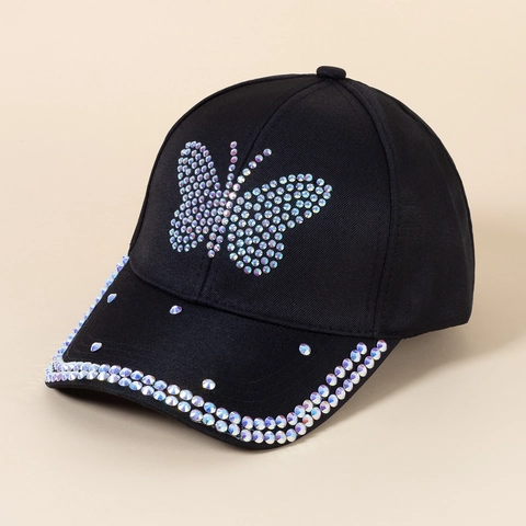 Fashion Women Cotton Baseball Cap With Butterfly Rhinestone Inlay Sunshade Adjustable Summer Casual Sporty Duck Tongue Hat
