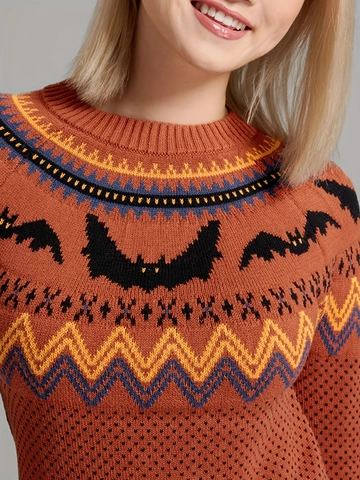 Halloween Fledermaus Jacquard Strickpullover Rundhalsausschnitt Langarm Retro Lockerer Lässiger Oberteil Für Damen Plus Size