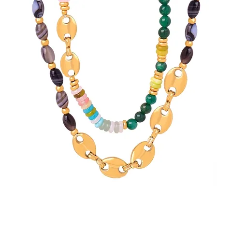 Natural Agate Beaded Necklace Titanium Steel Coffee Bean Pig Nose Chain Vintage Bohemian Style Jewelry For Women