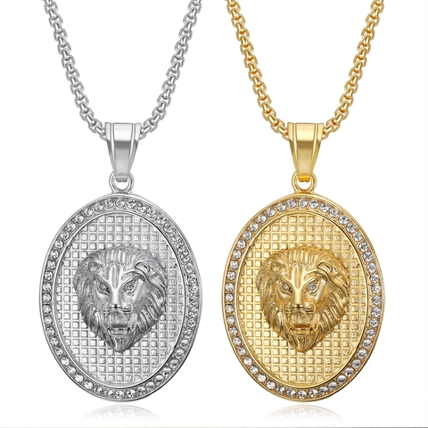 Hip Hop Titanium Steel Lion Head Pendant Necklace For Men Women Gold Steel Rhinestone Oval Iced Out Lion Head Necklace Jewelry