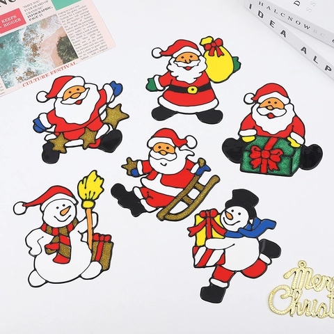 Christmas Window Stickers Glitter Static Cling Cartoon Santa Snowman Reindeer Tree Wall Decal Festive Home Office Decor