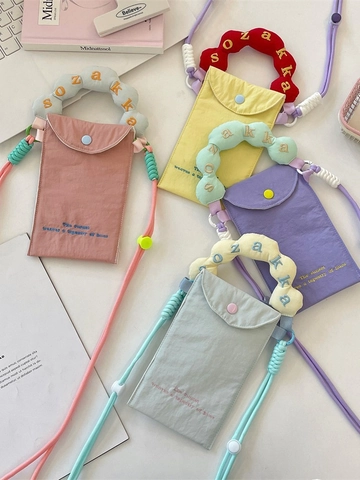 Mini Bolso Bandolera Para Móvil Poliéster Bordado Color Contraste Asa Ondulada Correa Ajustable Estilo Kawaii Japonés