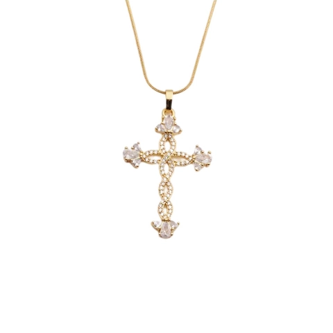 Copper Cross Pendant Necklace With Zircon Rhinestone Crown Religious Jewelry For Women Gift