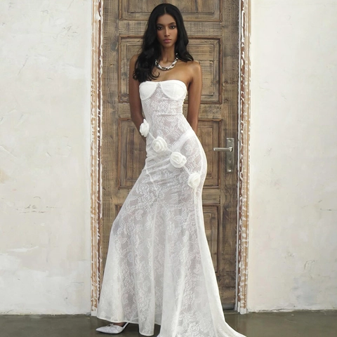 Vestito Lungo In Pizzo Senza Spalline Decorazione Floreale Dimensionale Prospettiva Trasparente Bodycon Elegante Abito Da Sera