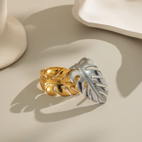 Monstera Blatt Ring Edelstahl 18K Vergoldet Wasserdicht Hypoallergen Verstellbar Tropischer Schmuck Für Damen