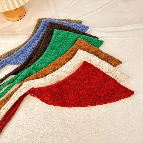 Women Retro Knitted Triangle Headband Crochet Hollow Out Bandana Soft Woolen Head Scarf Vintage Hair Wrap With Tie