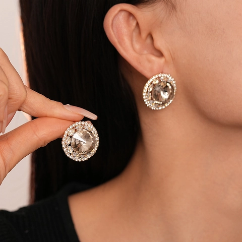 Orecchini A Lobo Geometrici Rotondi Di Lusso Con Zircone Rhinestone E Silver Earring Post Gioielli Eleganti Da Donna