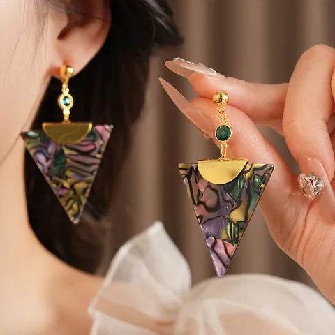 Boucles D'Oreilles Pendantes Triangle Vintage Avec Plaque En Acétate Gemme Verte Et Tige En Argent Sterling 925