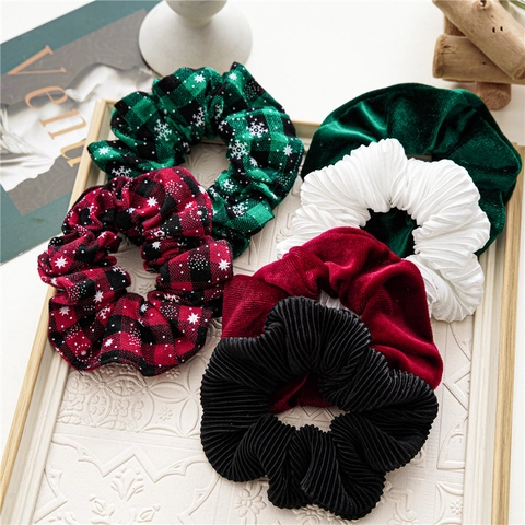 Hair Scrunchies Velvet And Pleated Fabric Plaid Snowflake Pattern Christmas Holiday Vintage Fashion Hair Ties Accessories For Women