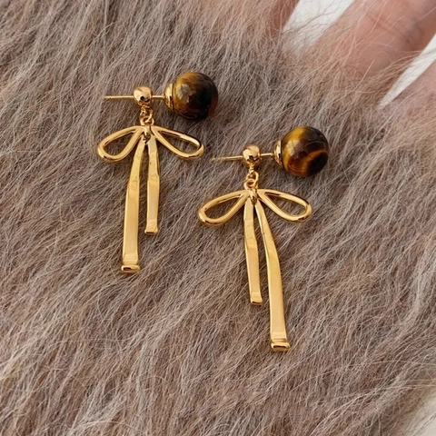 Orecchini Pendenti Con Fiocco E Perno In Argento Resina Vintage Perla Trama Occhio Di Tigre Gioielli Eleganti Donna